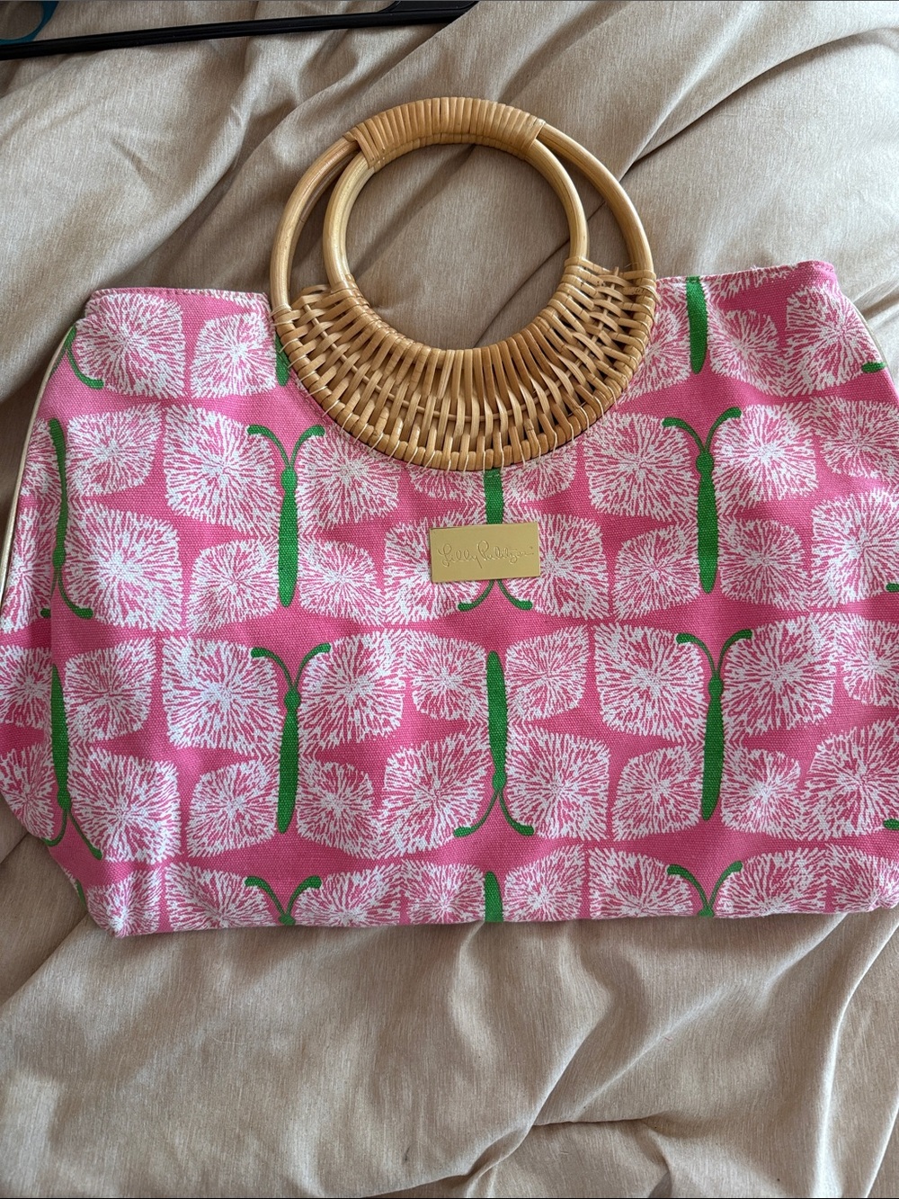 Lilly Pulitzer Pink Floral Print Tote with Bamboo Ring Handles
